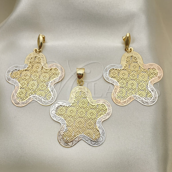 Oro Laminado Earring and Pendant Adult Set, Gold Filled Style Flower Design, Polished, Tricolor, 5.044.001