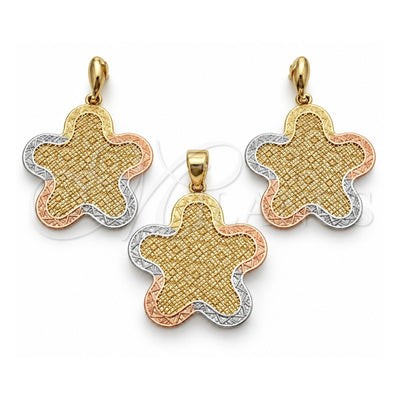 Oro Laminado Earring and Pendant Adult Set, Gold Filled Style Flower Design, Polished, Tricolor, 5.044.001