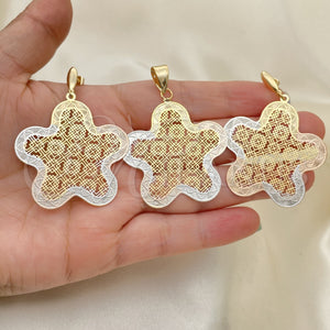 Oro Laminado Earring and Pendant Adult Set, Gold Filled Style Flower Design, Polished, Tricolor, 5.044.001