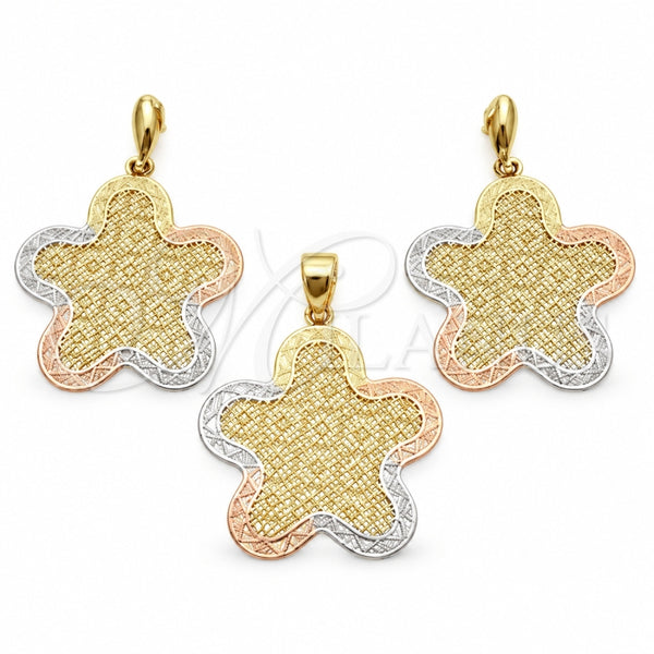 Oro Laminado Earring and Pendant Adult Set, Gold Filled Style Flower Design, Polished, Tricolor, 5.044.001