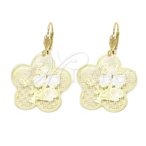 Oro Laminado Dangle Earring, Gold Filled Style Flower and Filigree Design, Polished, Tricolor, 5.102.008