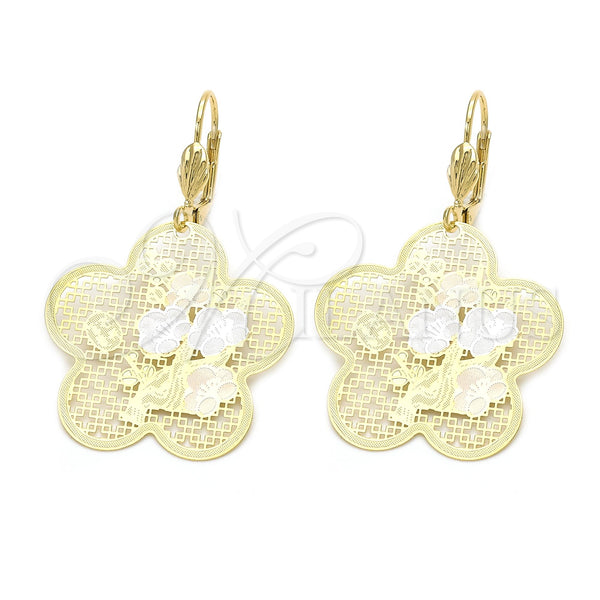 Oro Laminado Dangle Earring, Gold Filled Style Flower and Filigree Design, Polished, Tricolor, 5.102.008