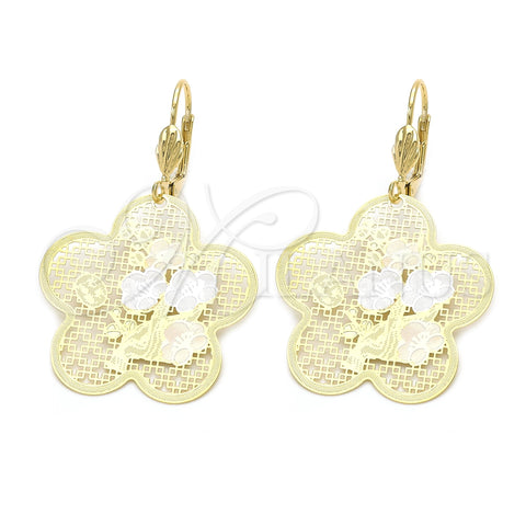 Oro Laminado Dangle Earring, Gold Filled Style Flower and Filigree Design, Polished, Tricolor, 5.102.008
