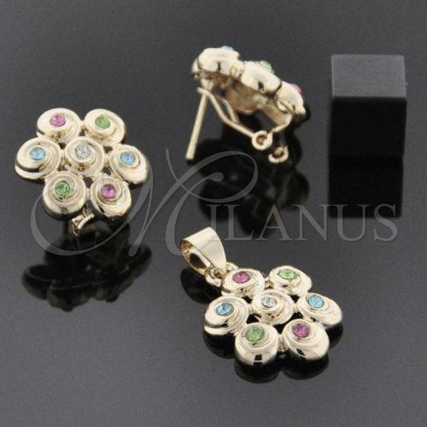 Oro Laminado Earring and Pendant Adult Set, Gold Filled Style Flower Design, with White Crystal, Polished, Golden Finish, 5.053.001