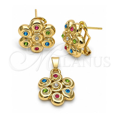 Oro Laminado Earring and Pendant Adult Set, Gold Filled Style Flower Design, with White Crystal, Polished, Golden Finish, 5.053.001