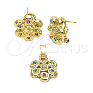 Oro Laminado Earring and Pendant Adult Set, Gold Filled Style Flower Design, with White Crystal, Polished, Golden Finish, 5.053.001