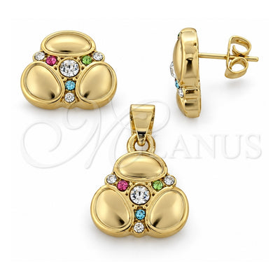 Oro Laminado Earring and Pendant Adult Set, Gold Filled Style with White Crystal, Polished, Golden Finish, 5.052.002