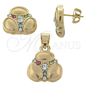 Oro Laminado Earring and Pendant Adult Set, Gold Filled Style with White Crystal, Polished, Golden Finish, 5.052.002