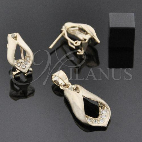 Oro Laminado Earring and Pendant Adult Set, Gold Filled Style with White Crystal, Polished, Golden Finish, 5.053.010