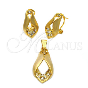 Oro Laminado Earring and Pendant Adult Set, Gold Filled Style with White Crystal, Polished, Golden Finish, 5.053.010