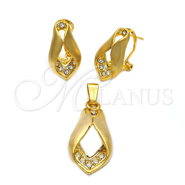 Oro Laminado Earring and Pendant Adult Set, Gold Filled Style with White Crystal, Polished, Golden Finish, 5.053.010