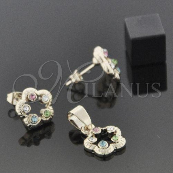 Oro Laminado Earring and Pendant Adult Set, Gold Filled Style Flower Design, with White Crystal, Polished, Golden Finish, 5.052.013