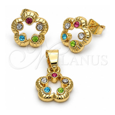 Oro Laminado Earring and Pendant Adult Set, Gold Filled Style Flower Design, with White Crystal, Polished, Golden Finish, 5.052.013
