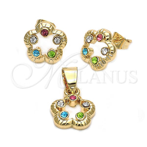 Oro Laminado Earring and Pendant Adult Set, Gold Filled Style Flower Design, with White Crystal, Polished, Golden Finish, 5.052.013