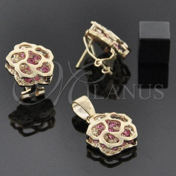 Oro Laminado Earring and Pendant Adult Set, Gold Filled Style Flower Design, with White Crystal, Polished, Golden Finish, 5.043.012