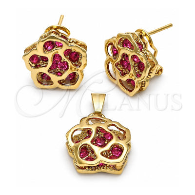 Oro Laminado Earring and Pendant Adult Set, Gold Filled Style Flower Design, with White Crystal, Polished, Golden Finish, 5.043.012