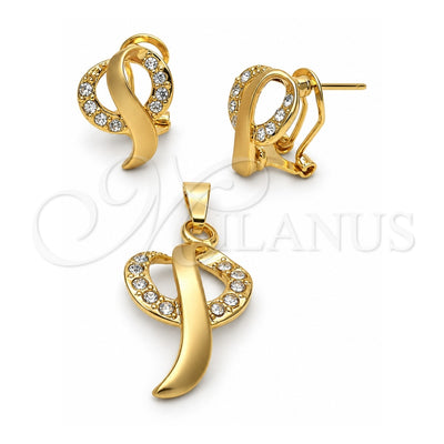 Oro Laminado Earring and Pendant Adult Set, Gold Filled Style with White Crystal, Polished, Golden Finish, 5.041.008