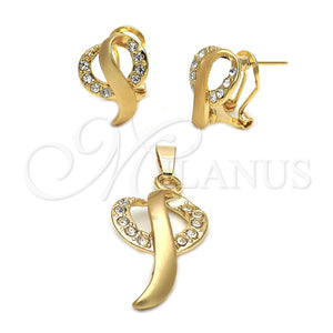 Oro Laminado Earring and Pendant Adult Set, Gold Filled Style with White Crystal, Polished, Golden Finish, 5.041.008