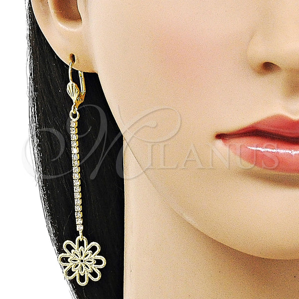 Oro Laminado Long Earring, Gold Filled Style Flower Design, with White Crystal, Diamond Cutting Finish, Golden Finish, 5.087.001.1