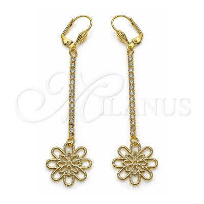 Oro Laminado Long Earring, Gold Filled Style Flower Design, with White Crystal, Diamond Cutting Finish, Golden Finish, 5.087.001.1
