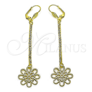 Oro Laminado Long Earring, Gold Filled Style Flower Design, with White Crystal, Diamond Cutting Finish, Golden Finish, 5.087.001.1