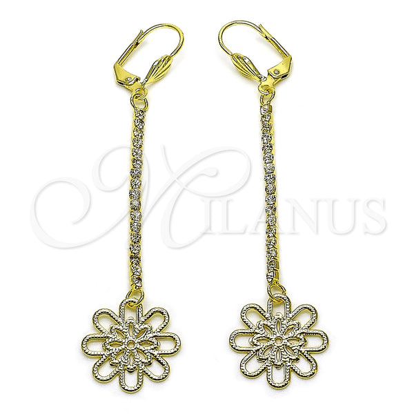 Oro Laminado Long Earring, Gold Filled Style Flower Design, with White Crystal, Diamond Cutting Finish, Golden Finish, 5.087.001.1