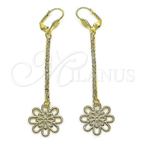 Oro Laminado Long Earring, Gold Filled Style Flower Design, with White Crystal, Diamond Cutting Finish, Golden Finish, 5.087.001.1
