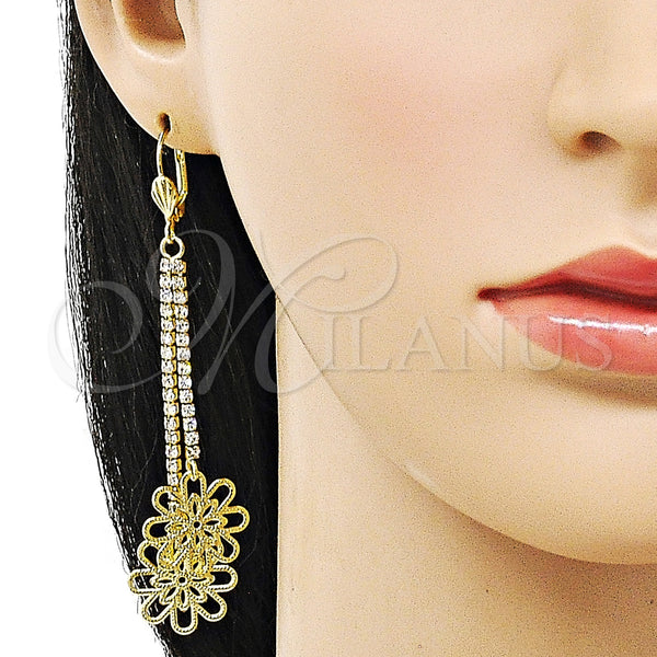 Oro Laminado Long Earring, Gold Filled Style Flower Design, with White Crystal, Diamond Cutting Finish, Golden Finish, 5.075.002.1