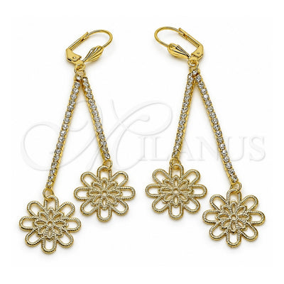 Oro Laminado Long Earring, Gold Filled Style Flower Design, with White Crystal, Diamond Cutting Finish, Golden Finish, 5.075.002.1