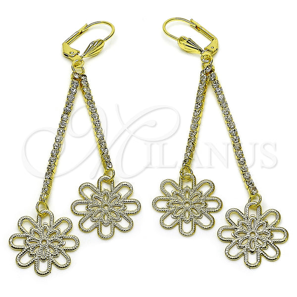 Oro Laminado Long Earring, Gold Filled Style Flower Design, with White Crystal, Diamond Cutting Finish, Golden Finish, 5.075.002.1