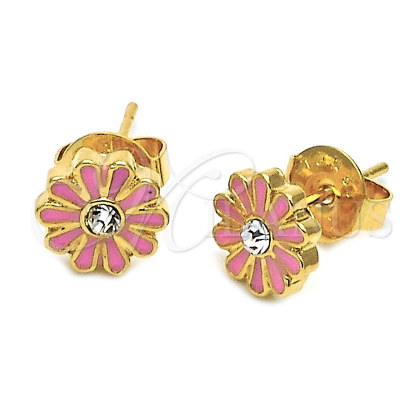 Oro Laminado Stud Earring, Gold Filled Style Flower Design, with White Crystal, Pink Enamel Finish, Golden Finish, 02.64.0225