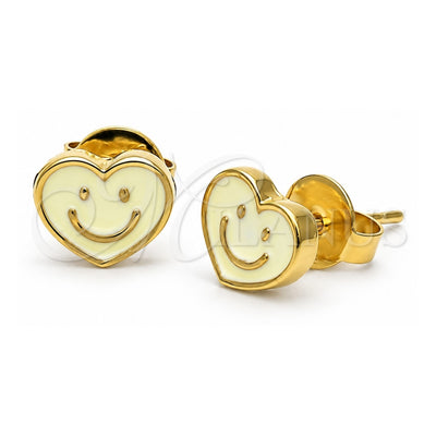 Oro Laminado Stud Earring, Gold Filled Style Heart and Smile Design, White Enamel Finish, Golden Finish, 02.64.0235 *PROMO*