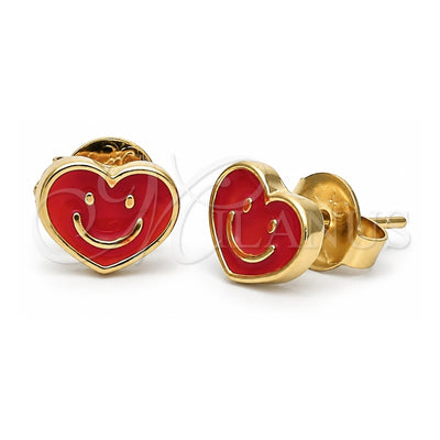 Oro Laminado Stud Earring, Gold Filled Style Heart and Smile Design, Red Enamel Finish, Golden Finish, 02.64.0236 *PROMO*