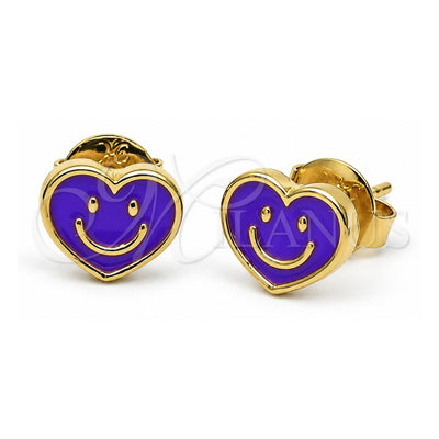 Oro Laminado Stud Earring, Gold Filled Style Heart and Smile Design, Enamel Finish, Golden Finish, 02.64.0238 *PROMO*