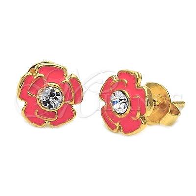 Oro Laminado Stud Earring, Gold Filled Style Flower Design, with White Crystal, Orange Enamel Finish, Golden for wholesale, main product view