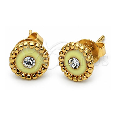 Oro Laminado Stud Earring, Gold Filled Style Flower Design, with White Crystal, Yellow Enamel Finish, Golden Finish, 02.64.0270 *PROMO*