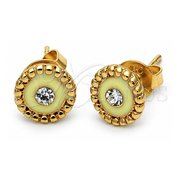 Oro Laminado Stud Earring, Gold Filled Style Flower Design, with White Crystal, Yellow Enamel Finish, Golden Finish, 02.64.0270 *PROMO*