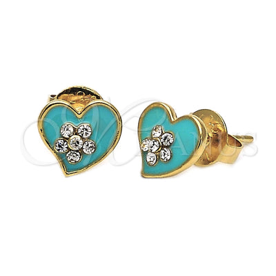 Oro Laminado Stud Earring, Gold Filled Style Heart and Flower Design, with White Crystal, Acqua Enamel Finish for wholesale, main product view