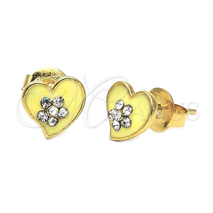 Oro Laminado Stud Earring, Gold Filled Style Heart and Flower Design, with White Crystal, Yellow Enamel Finish, Golden Finish, 02.64.0274 *PROMO*