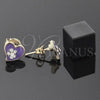 Oro Laminado Stud Earring, Gold Filled Style Heart and Flower Design, with White Crystal, Purple Enamel Finish, Golden Finish, 02.64.0277 *PROMO*