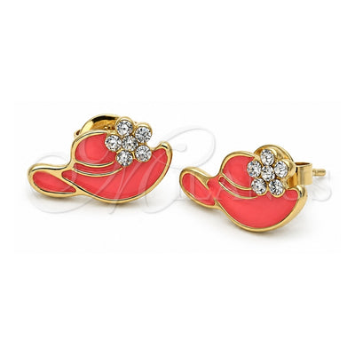 Oro Laminado Stud Earring, Gold Filled Style Hat and Flower Design, with White Crystal, Orange Enamel Finish, Golden Finish, 02.64.0279 *PROMO*