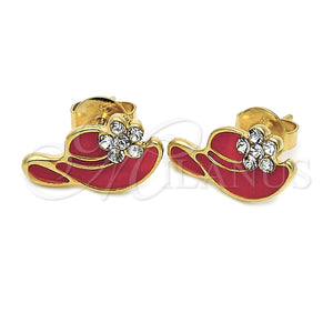 Oro Laminado Stud Earring, Gold Filled Style Hat and Flower Design, with White Crystal, Red Enamel Finish, Golden Finish, 02.64.0281 *PROMO*