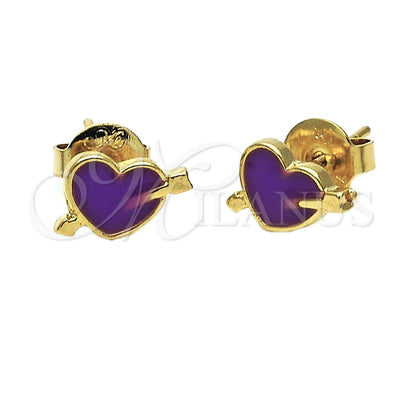 Oro Laminado Stud Earring, Gold Filled Style Heart Design, Purple Enamel Finish, Golden Finish, 02.64.0287 for wholesale, main product view