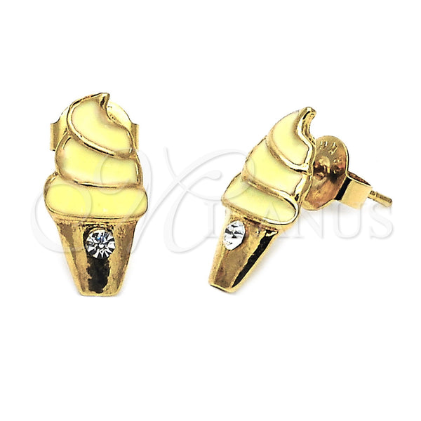 Oro Laminado Stud Earring, Gold Filled Style Ice Cream Design, with White Crystal, Yellow Enamel Finish, Golden Finish, 02.64.0310 *PROMO*