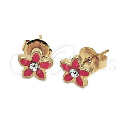 Oro Laminado Stud Earring, Gold Filled Style Flower Design, with White Crystal, Orange Enamel Finish, Golden for wholesale, main product view
