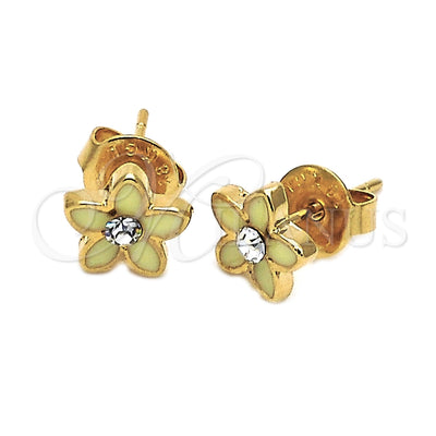 Oro Laminado Stud Earring, Gold Filled Style Flower Design, with White Crystal, Yellow Enamel Finish, Golden for wholesale, main product view