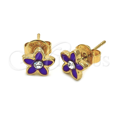 Oro Laminado Stud Earring, Gold Filled Style Flower Design, with White Crystal, Purple Enamel Finish, Golden for wholesale, main product view