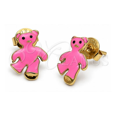 Oro Laminado Stud Earring, Gold Filled Style Teddy Bear Design, Pink Enamel Finish, Golden Finish, 02.64.0330 *PROMO*