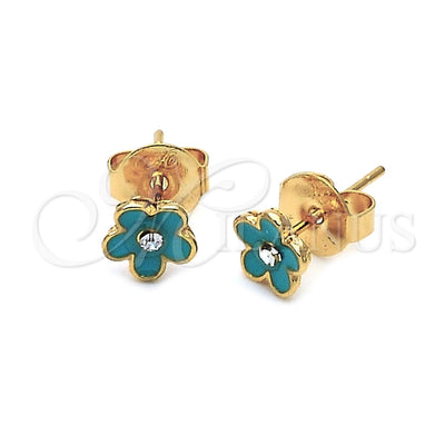 Oro Laminado Stud Earring, Gold Filled Style Flower Design, with White Crystal, Turquoise Enamel Finish, Golden for wholesale, main product view