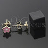 Oro Laminado Stud Earring, Gold Filled Style Flower Design, with White Crystal, Pink Enamel Finish, Golden Finish, 02.64.0335 *PROMO*